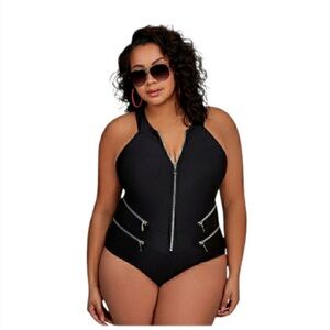 Ashley Stewart Black One Piece Swimsuit black w silver zipper Sz 16